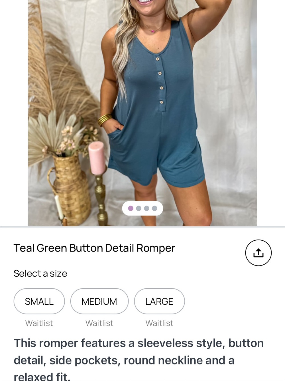Wishlist Teal Green Button-Front Sleeveless Romper